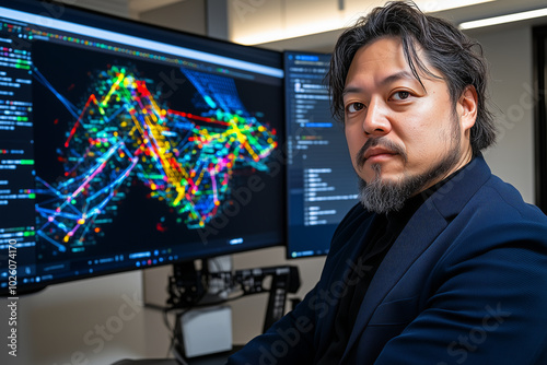 A man in a blue jacket sits in front of two computer monitors displaying colorful data visualizations.