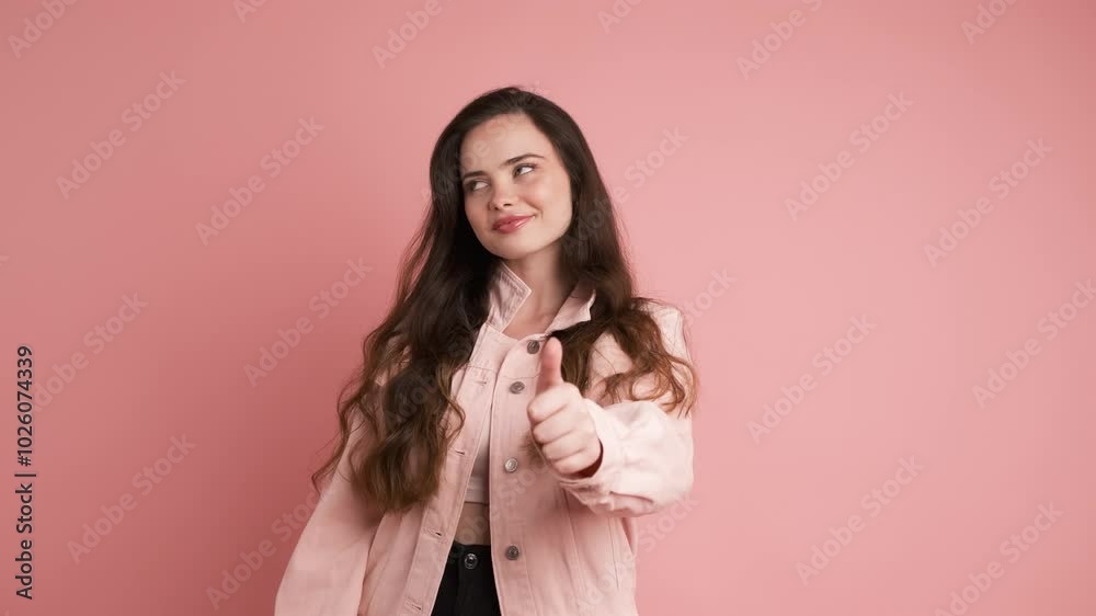 Happy young woman showing thumbs up in pink studio Happy young woman showing thumbs up in pink studio