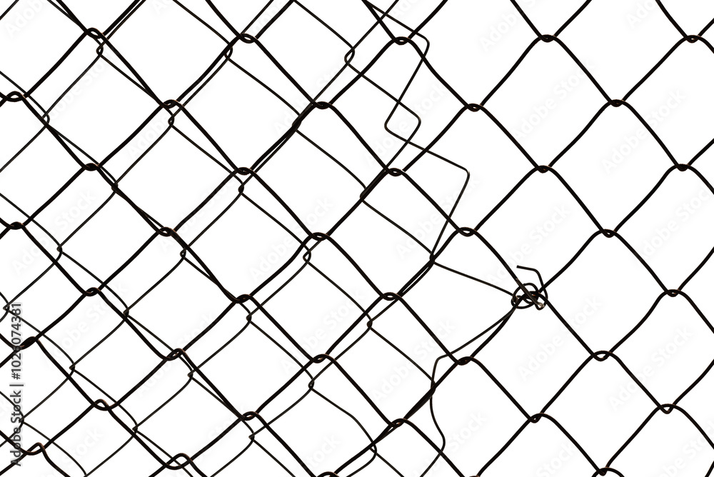 Naklejka premium The texture of the metal mesh on a white background. Torn steel, metal mesh with holes