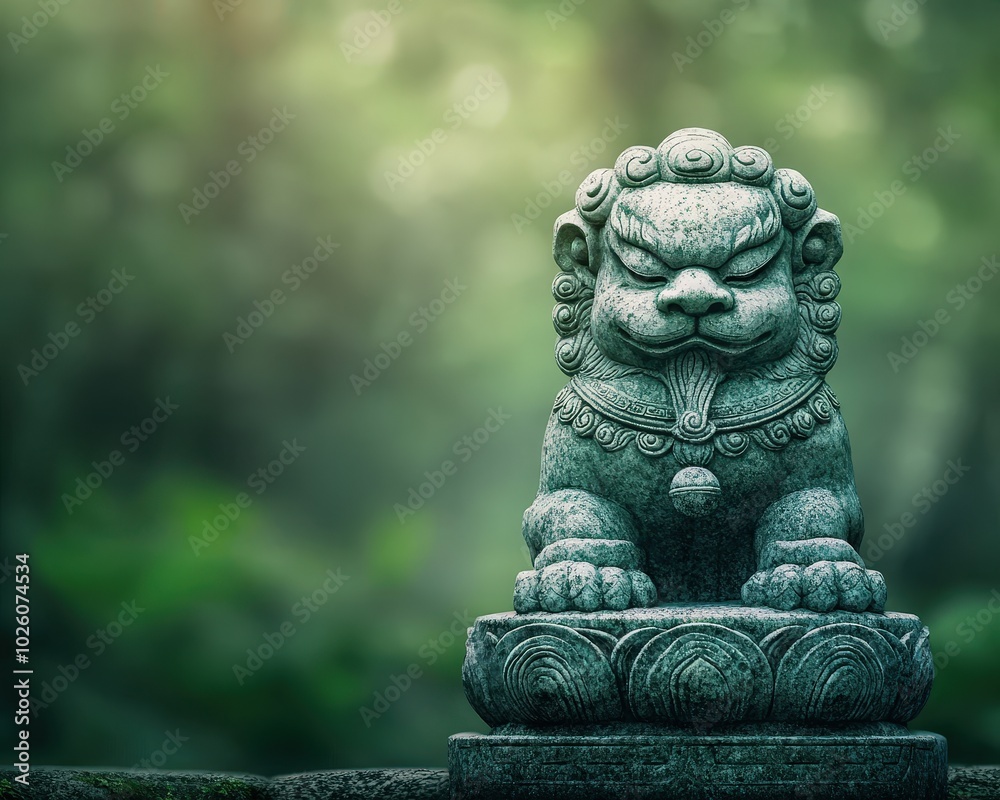 Stone Lion Guardian Statue in Serene Landscape Stone Lion Guardian Statue in Serene Landscape
