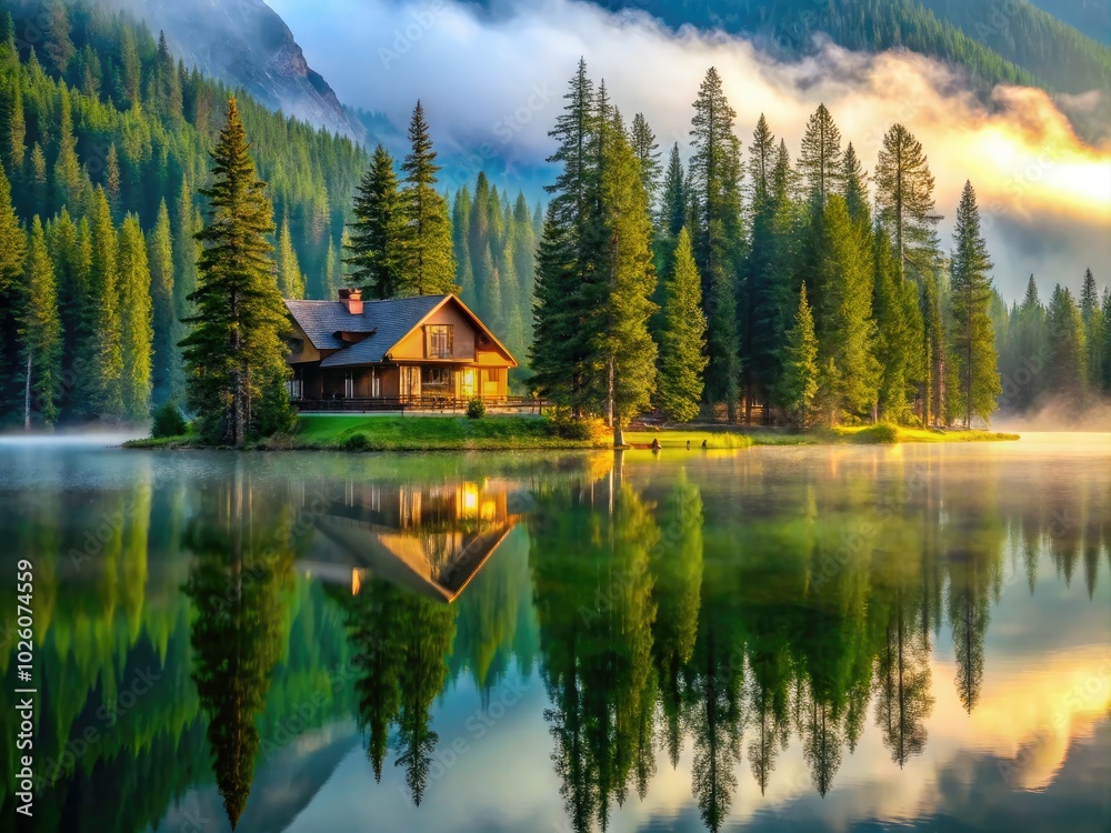 In a fog-laden summer forest, majestic pines rise high, surrounding a welcoming mountain lodge, where peace and tranquility flow seamlessly through the crisp air. In a fog-laden summer forest, majestic pines rise high, surrounding a welcoming mountain lodge, where peace and tranquility flow seamlessly through the crisp air.
