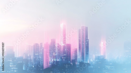 A futuristic city skyline with glowing neon outlines in pastel pinks and blues