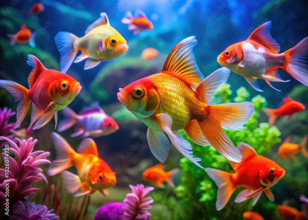 In a lively aquarium, vibrant Oranda goldfish swim alongside colorful tetras, showcasing a stunning underwater display rich in movement and shimmering beauty. In a lively aquarium, vibrant Oranda goldfish swim alongside colorful tetras, showcasing a stunning underwater display rich in movement and shimmering beauty.