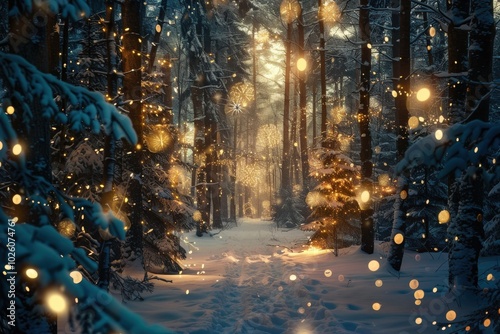 A snowy forest with a tree branch covered in snow, generative ai image