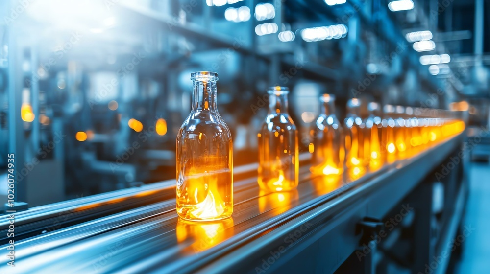 Glass bottles on a conveyor belt in a bottling plant, the glow of molten glass highlighting the manufacturing process focus on, whimsical, composite, beverage factory backdrop Glass bottles on a conveyor belt in a bottling plant, the glow of molten glass highlighting the manufacturing process focus on, whimsical, composite, beverage factory backdrop