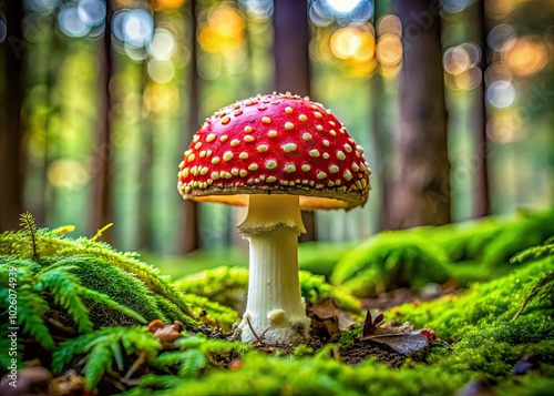 In a lush green forest, a stunning Flyagaric mushroom emerges, showcasing its vibrant color and adding to the breathtaking beauty of nature's landscape.