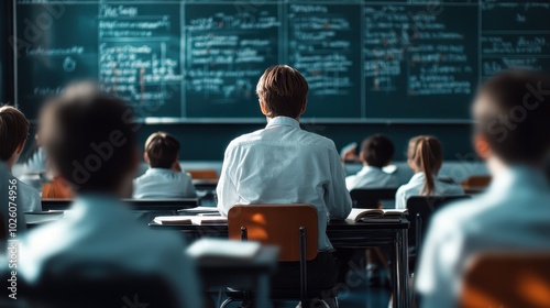 A classroom scene with students in uniform attentively listening to a lesson, conveying a sense of discipline, learning, and academic concentration.