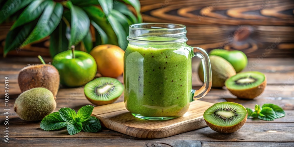 In a mason jar, a refreshing kiwi smoothie awaits, beautifully surrounded by bright, freshly sliced kiwi on a table, showcasing a tropical, healthy treat. In a mason jar, a refreshing kiwi smoothie awaits, beautifully surrounded by bright, freshly sliced kiwi on a table, showcasing a tropical, healthy treat.