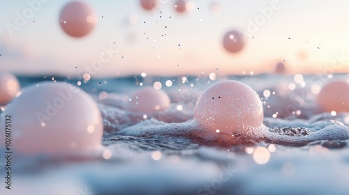 Serene pink spheres delicately float among ocean waves, capturing a tranquil sunset scene with sparkling reflections, creating an ethereal and dreamlike atmosphere. photo