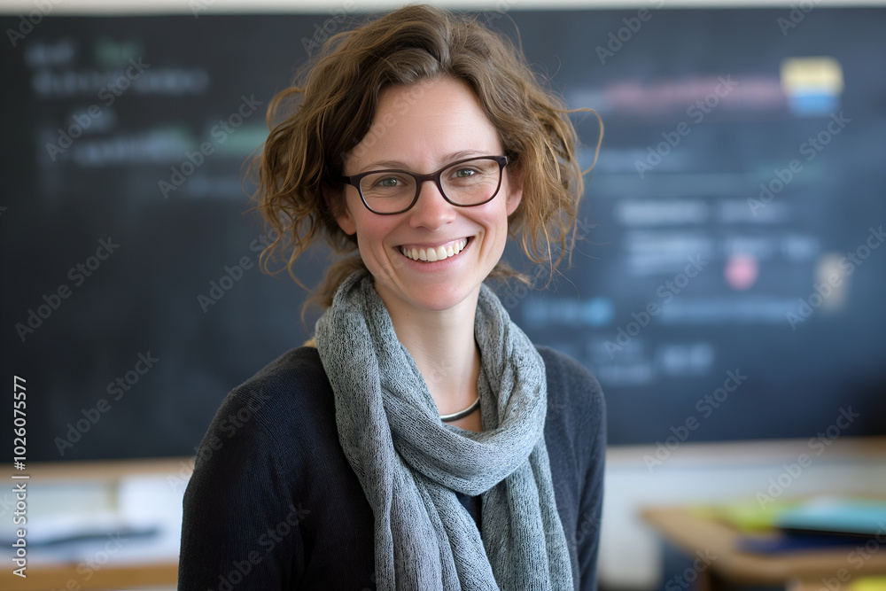 A smiling female elementary school teacher standing in front of the blackboard in a classroom, Women in education, Happy teacher giving a lesson A smiling female elementary school teacher standing in front of the blackboard in a classroom, Women in education, Happy teacher giving a lesson