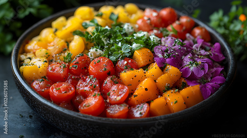 A Creative Fusion of Culinary Art and Nature with a Vibrant Meal Arranged in the Middle of a Flower Pot