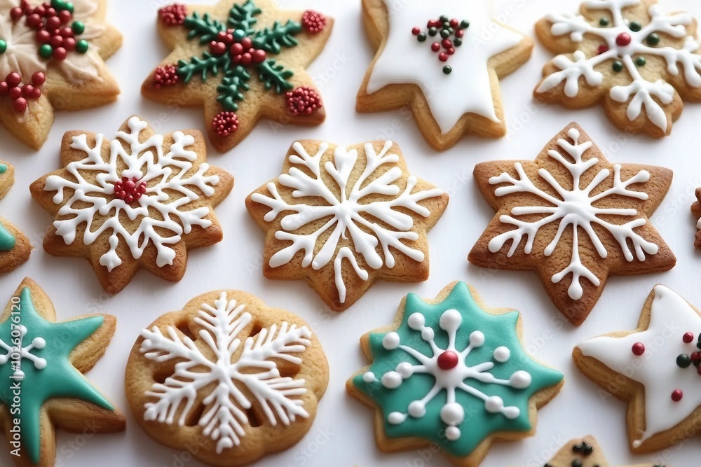 A collection of Christmas cookies with snowflake and star designs, decorated with icing and sprinkles, arranged on a white background. A collection of Christmas cookies with snowflake and star designs, decorated with icing and sprinkles, arranged on a white background.