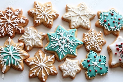 A collection of Christmas cookies with snowflake and star designs, decorated with icing and sprinkles, arranged on a white background.