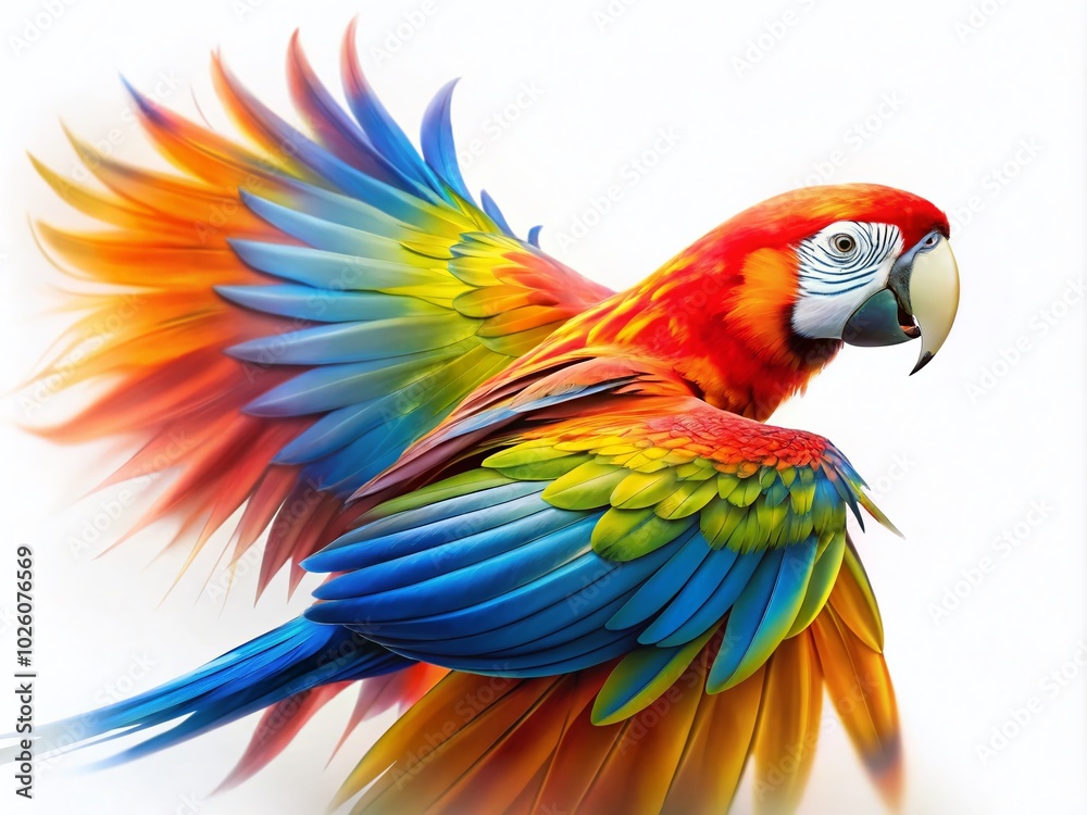 Fototapeta premium Colorful Macaw Parrot in Long Exposure on White Background for Stunning Visuals