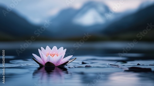 A delicate water lily blooms quietly on a still lake, surrounded by soft lily pads and distant mountain shadows, filling the air with a quiet sense of peace. photo