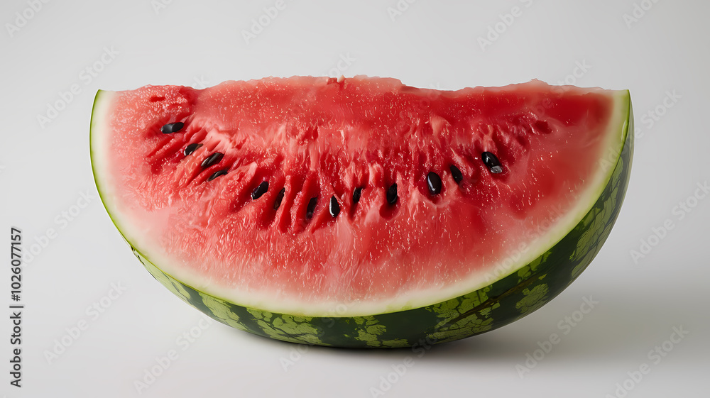 Fresh watermelon slice showcasing juicy red flesh and black seeds against a light background, perfect for summer recipes. Fresh watermelon slice showcasing juicy red flesh and black seeds against a light background, perfect for summer recipes.