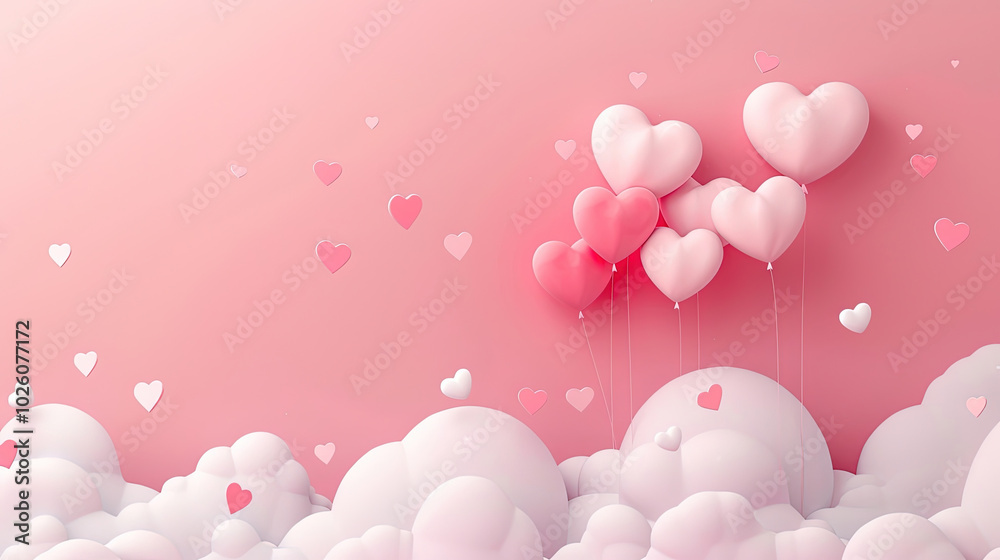 Pink background with love white and pink balloons and white 3d clouds. Illustration style. Pink background with love white and pink balloons and white 3d clouds. Illustration style.