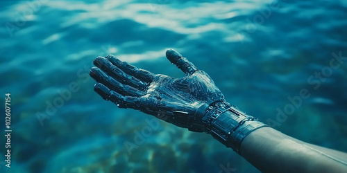 A robotic hand reaches out towards the water,