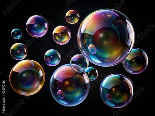 Realistic Soap Bubbles PNG Set on Black Background for Minimalist Photography