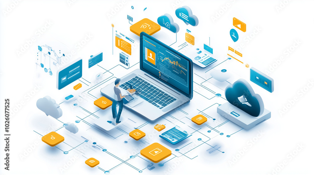 Fototapeta premium Digital workspace with cloud computing and data visualization elements