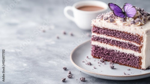 A sumptuous slice of purple velvet cake layered with cream and artistic motifs, capturing an indulgent and visually appealing delight served with coffee on the side. photo