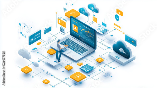 Digital workspace with cloud computing and data visualization elements