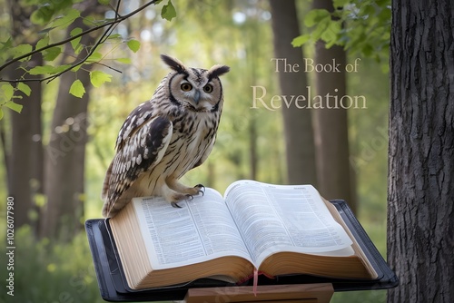 Wallpaper Mural A wise old owl standing over a Bible, The Book of Revelation softly glowing in the air above the book  Torontodigital.ca