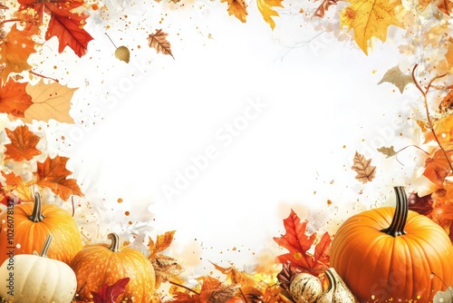 birthday frame in autumn style, pupmpkin seasons, autumn leaves, confettie, empty square center, photo