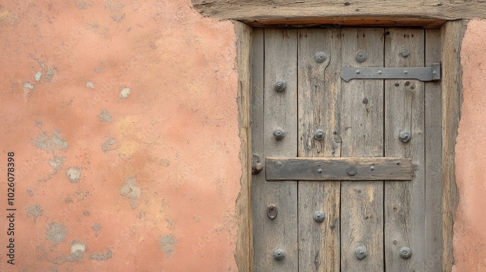 Rustic Wooden Door Against Pink Wall Background Rustic Wooden Door Against Pink Wall Background