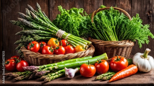 A vibrant display of fresh vegetables arranged in baskets on a rustic wooden background.