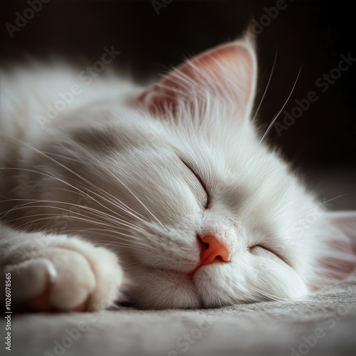 A heartwarming image of a kitten sleeping in a wooden crate, surrounded by soft blankets, perfect for creating a cozy and inviting atmosphere. photo