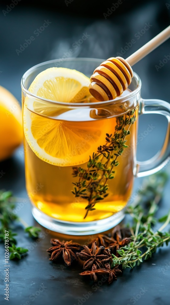 Steaming cup of herbal tea infused with lemon, honey, and thyme, ideal for health and wellness during cold and flu season. Soothing hot drink concept Steaming cup of herbal tea infused with lemon, honey, and thyme, ideal for health and wellness during cold and flu season. Soothing hot drink concept
