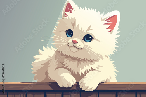 White fluffy cat on a wooden fence