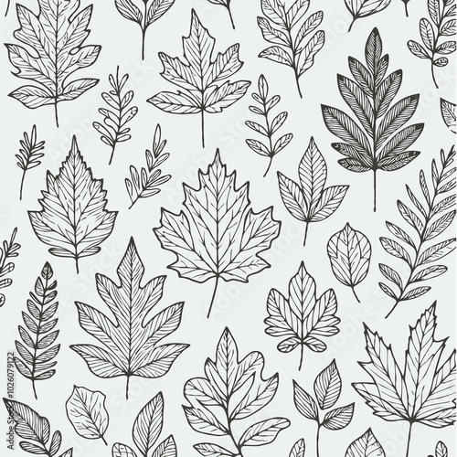 set of leaves black and white silhouettes of leaves seamless pattern with leaves