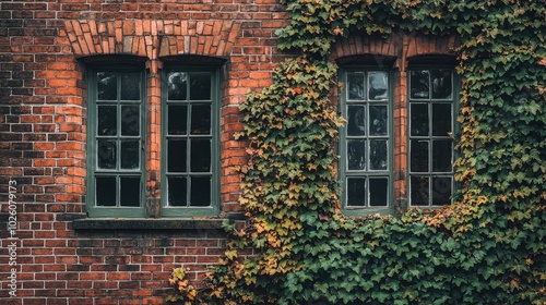 Rustic Brick Wall with Ivy and Charming Windows