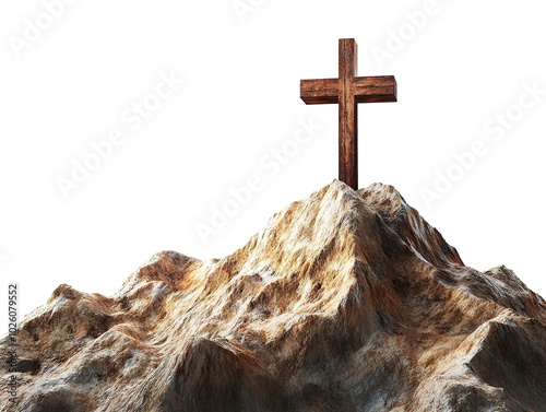Wooden cross on a rocky mountain, isolated on transparent cutout background