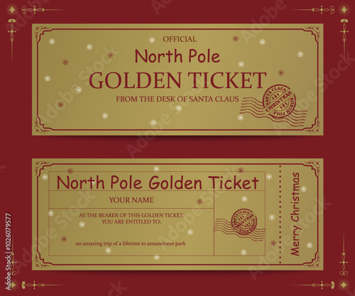 An invitation ticket to the New Year's  park. Holiday pass Golden ticket Vector illustration	