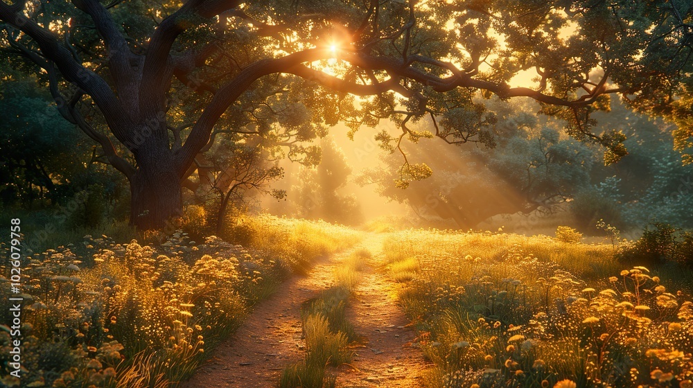 Obraz premium Golden Hour Path Through a Sunlit Forest Meadow