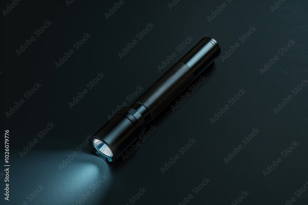 A black flashlight emitting light in a darkened room at night A black flashlight emitting light in a darkened room at night