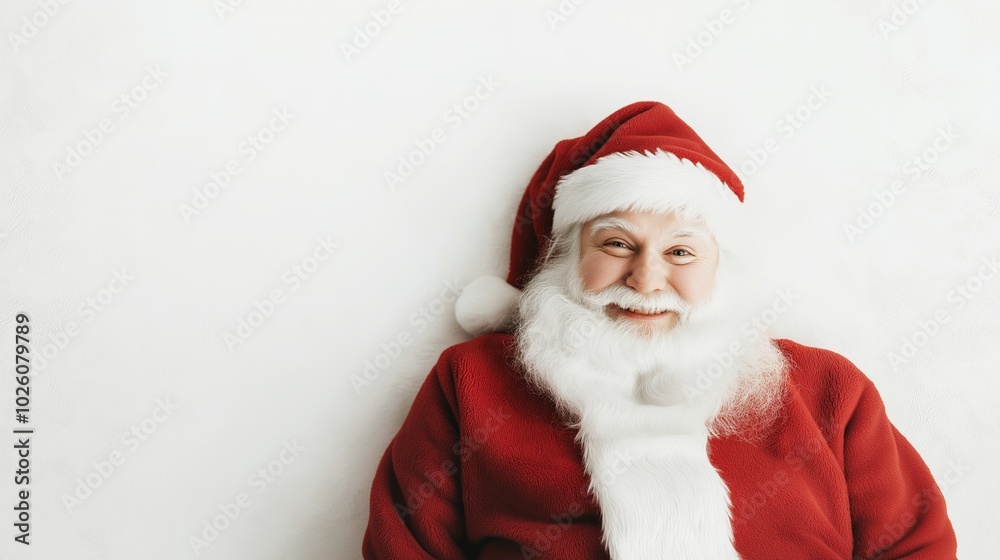 Elderly Man with Long White Beard Dressed in Red Santa Suit Smiling Happily Against Plain White Background with Copy Space Elderly Man with Long White Beard Dressed in Red Santa Suit Smiling Happily Against Plain White Background with Copy Space