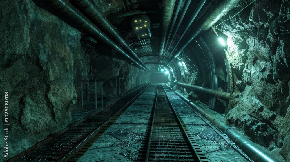 Naklejka premium Surreal Illuminated Underground Railroad Tunnel in Mysterious Dark Cave
