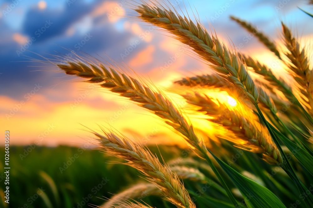 Close-up wheat stalks at sunset over golden field with vibrant colors Close-up wheat stalks at sunset over golden field with vibrant colors