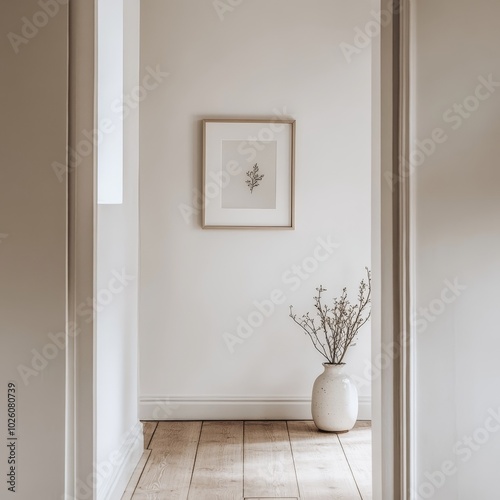 A minimalist and serene hallway featuring a small framed artwork and a ceramic vase with branches on a wooden floor.