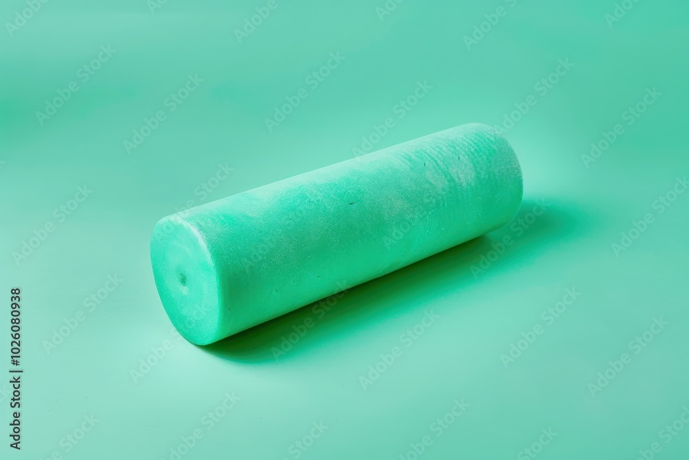 Green foam roller on a solid teal background Green foam roller on a solid teal background