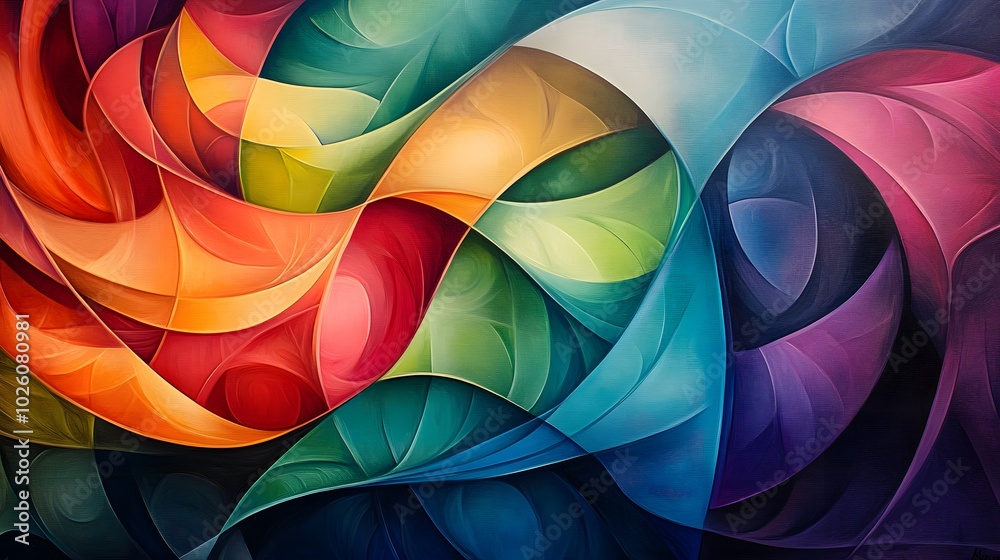 A creative, abstract design featuring intertwined rainbow colors and shapes