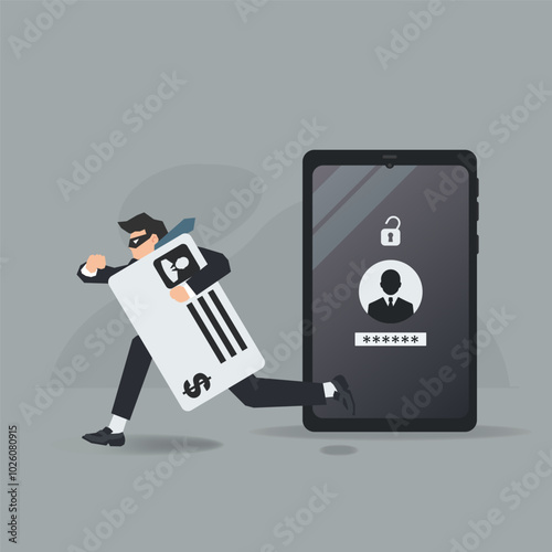 Personal account password unlocked, man thief the financial data. Phishing concept vector illustration