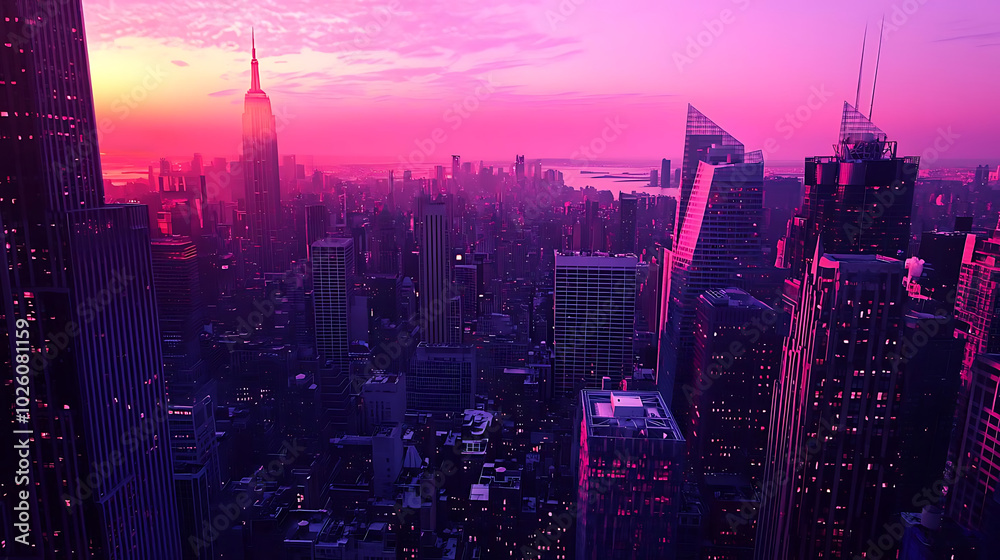 vibrant cityscape at sunset, with skyscrapers bathed in pink and purple hues, creating futuristic and serene atmosphere. skyline is illuminated by setting sun vibrant cityscape at sunset, with skyscrapers bathed in pink and purple hues, creating futuristic and serene atmosphere. skyline is illuminated by setting sun