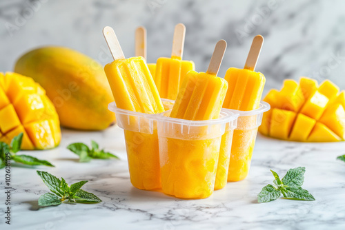 Fresh mango fruit popsicle ice in the plastic shaping box on bright marble table. Summer mood concept.