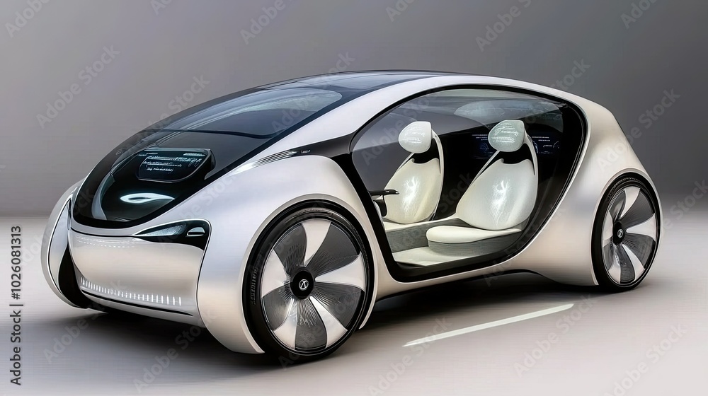 A futuristic, silver electric car with a sleek design and large windows. The car is facing forward and has an open door on the driver's side.
