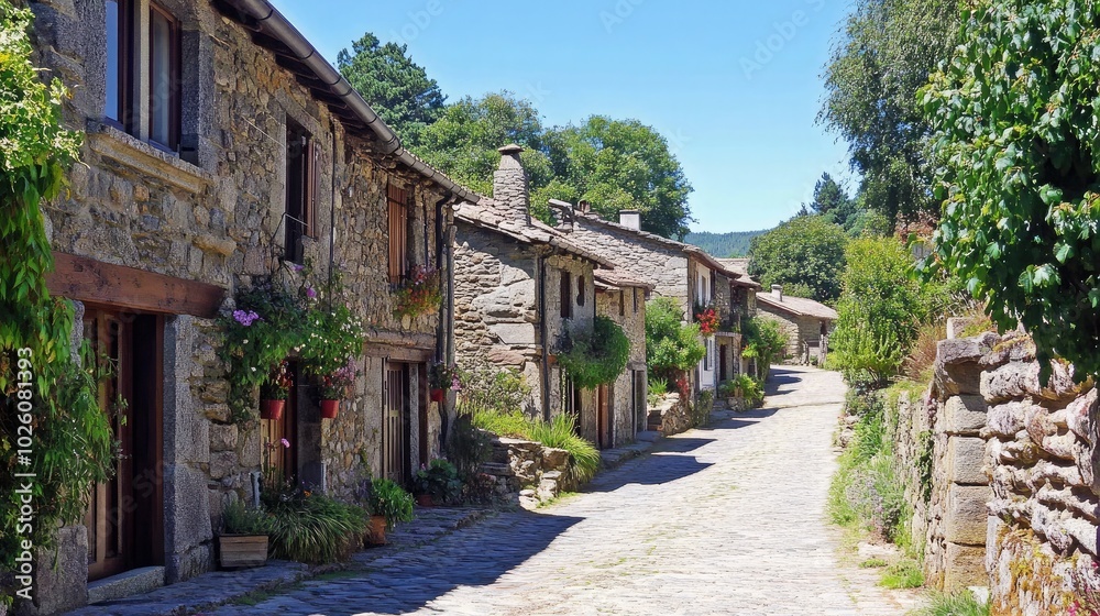 Charming Stone Village Street in Bright Sunlight Charming Stone Village Street in Bright Sunlight